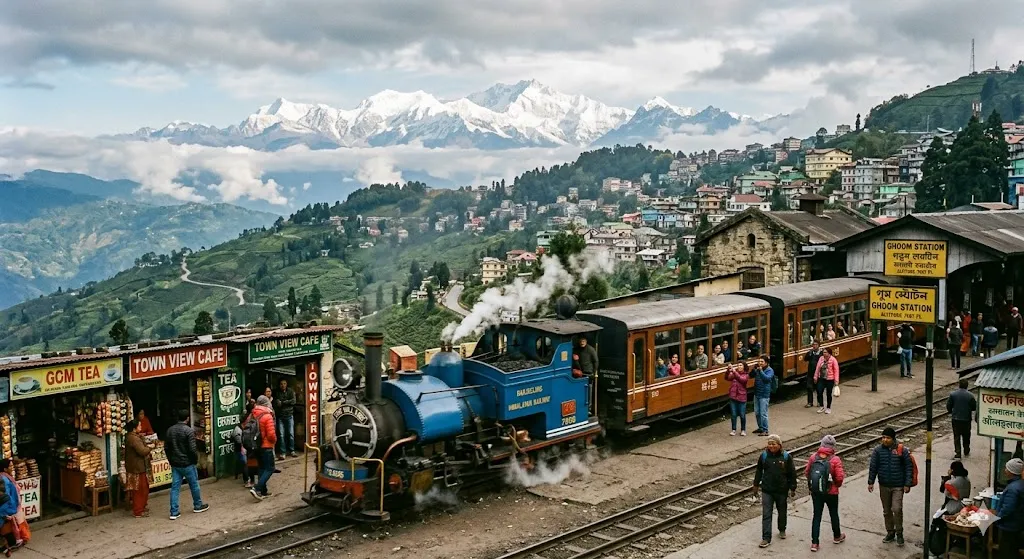 Darjeeling mountain valley view with colorful houses on hills and clouds passing through the pine trees.